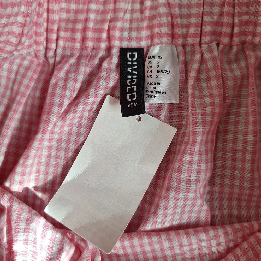 H&M Gingham Off Shoulder Top Pink Plaid Coquette Preppy Cotton NEW Womens XS
